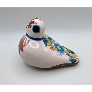 Vintage Tonalá Mexican Pottery Bird Handpainted Flowers Signed Ceramic Dove